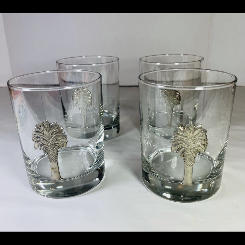 Glass Tumblers with pewter palm trees - set of 4